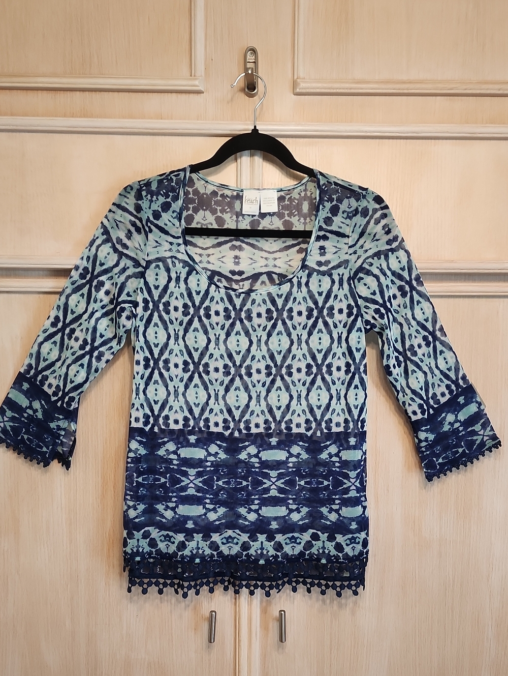 INC Beach Women's Blue Patterned Scoop Neck Sheer Top with Pom Trim Sz M